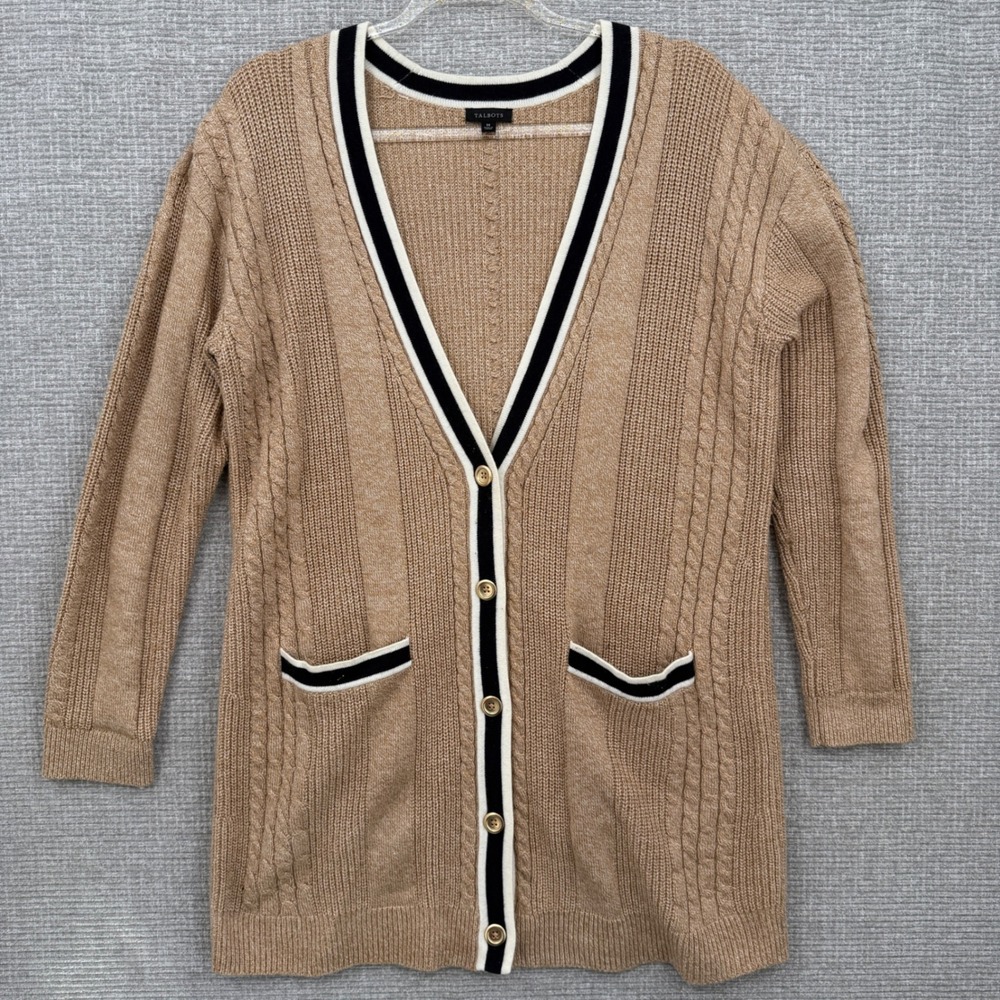 Talbots‎ Women Cardigan Tan Cable Knit Sz M  V Neck Button Front Pockets Preppy